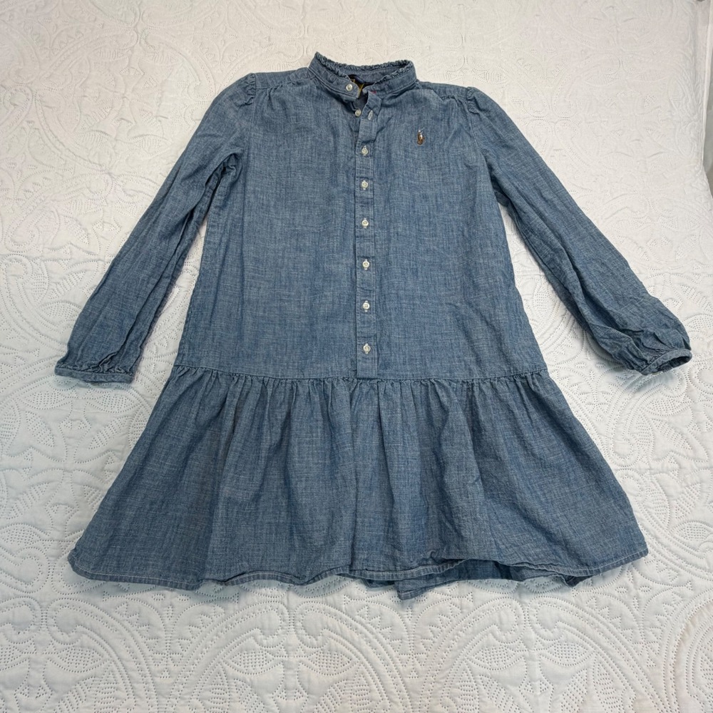 Polo Ralph Lauren Girls Blue Chambray Ruffle Drop Waist Dress Size 10